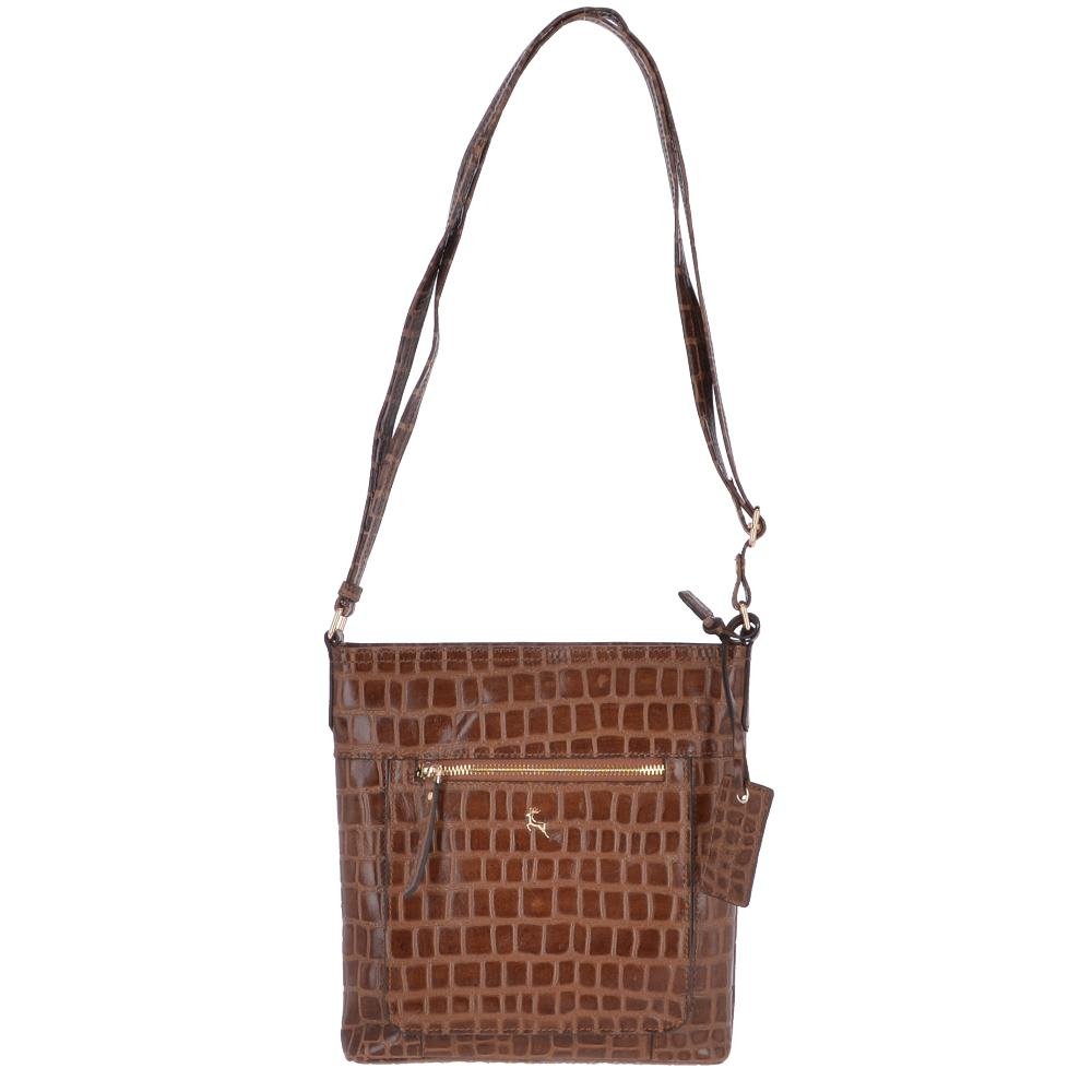 Ashwood Womens Zip Top Crocodile Print Cross Body Bag Tan/ Croc - SI-2569 M