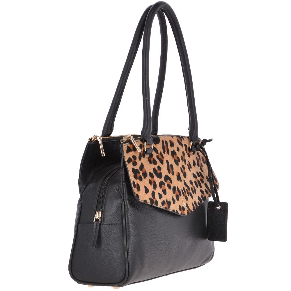 Ashwood Womens Medium Tote Three Section Leather Shoulder Bag Black/leopard 62688 | Ashwood Handbags
