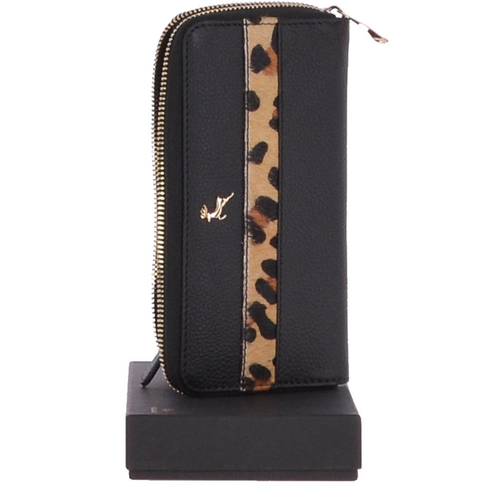 Ashwood Womens 8 Card Zip Around Large Leather Purse Black With Leopard Print Tone : Ash-20