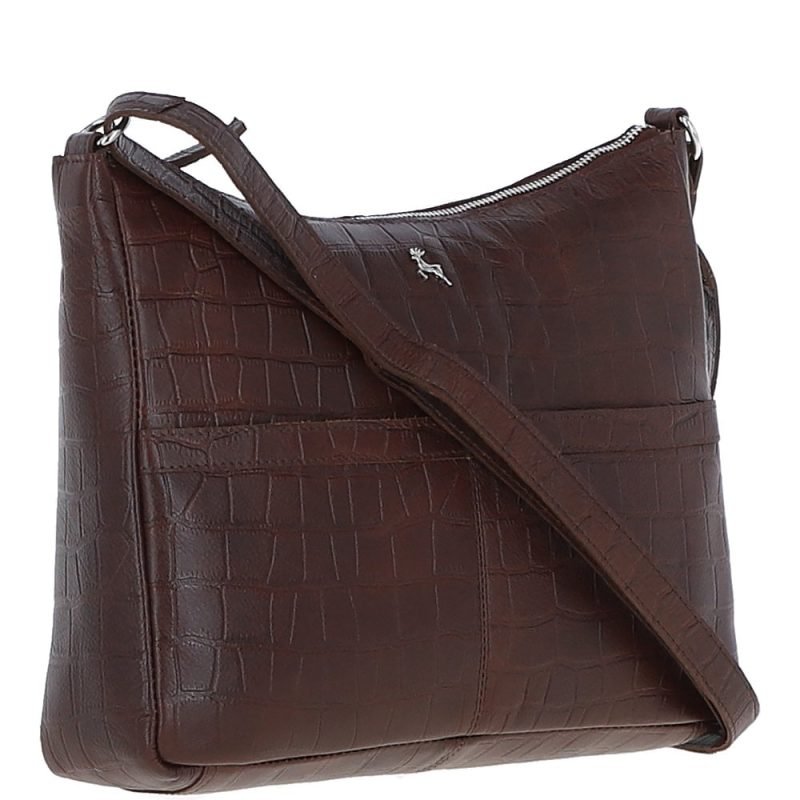 Ashwood Brown Croc Embossed Leather Tote Shoulder Bag Genuine 