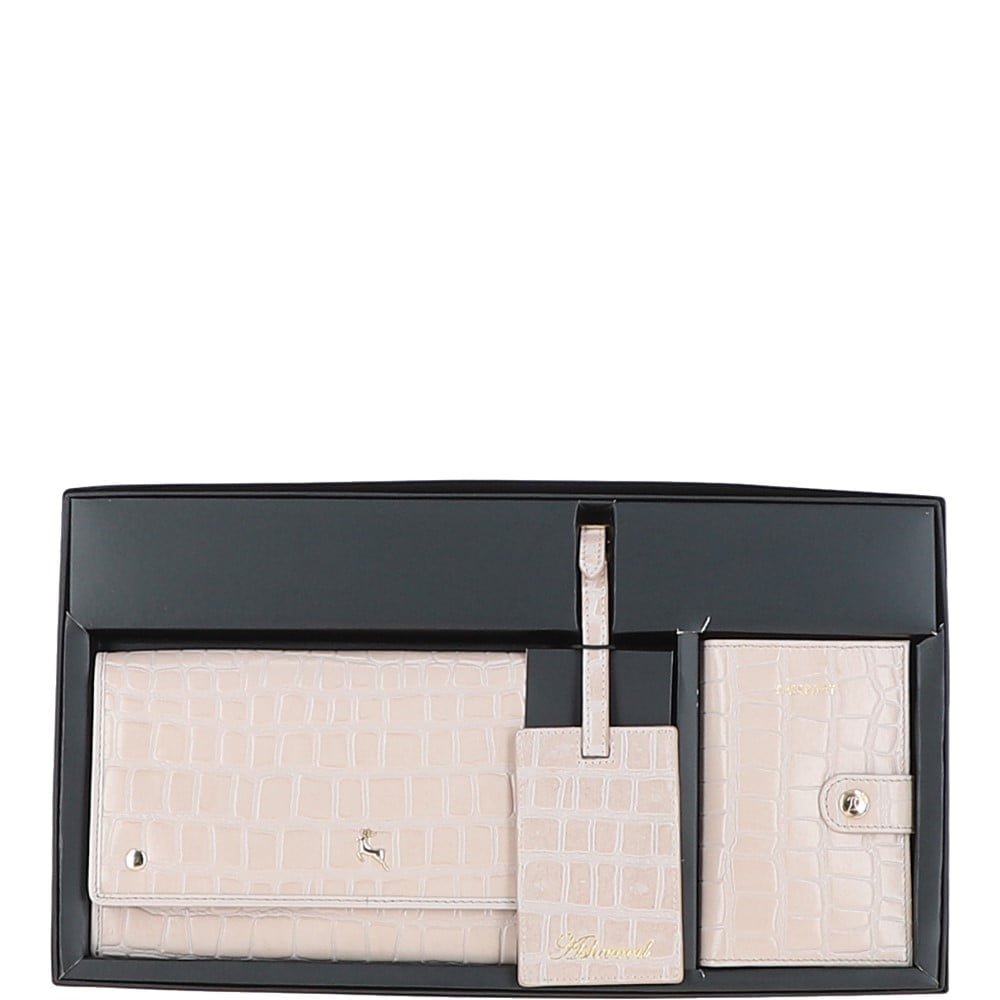 'Wise Tour' Real Leather Women's Gift Travel Set Blush/croc NA from Ashwood Handbags